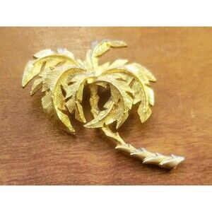 Vintage Textured Goldtone Tropical Palm Tree Brooch Pin  2.5"x2"